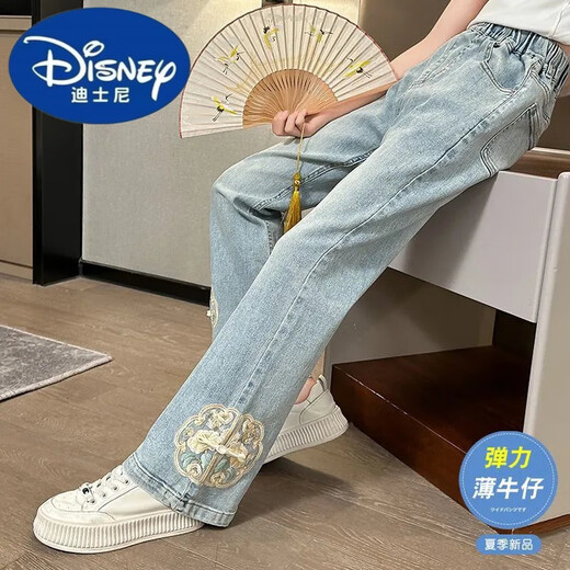 
Disney girls autumn pants new style fashionable Chinese style 2024 embroidered jeans medium-large children new Chinese style girl bell-bottom pants light blue [679 Chinese style embroidered bell-bottom pants] 160cm
