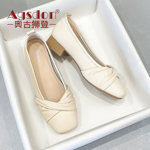 
Agsdon single shoes for women new small fragrance style color-blocking pleated bean shoes with skirt and small leather shoes 531180 beige 37