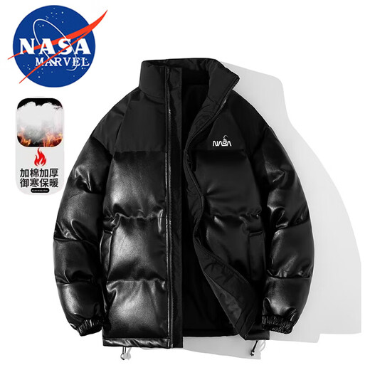 NASA MARVEL cotton coat men's winter coat thickened trendy pu leather trendy brand cotton coat couple stand collar warm jacket black L