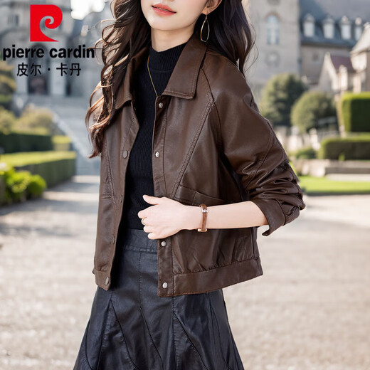 Pierre Cardin Haining Genuine Leather Jacket Women's Short 2025 New High-end Women's Small Sheepskin Jacket Khaki XL Suitable for 115-125 Jin Jin equals 0.5 kg