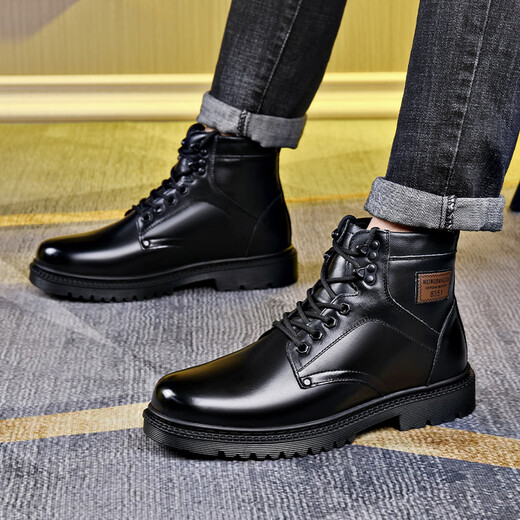 
TOP GLORIA Martin boots men's genuine leather military hook cruiser wool cotton boots winter warm plus velvet men's shoes cowhide casual snow boots 3519 black (wool) 38