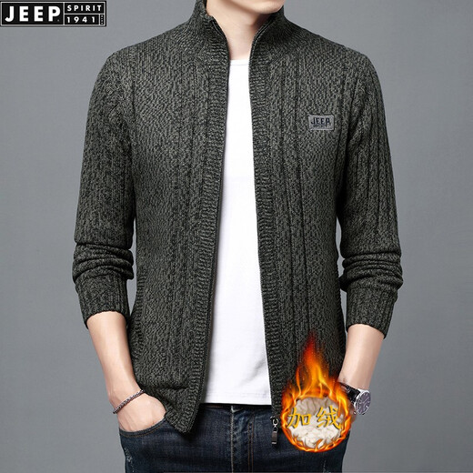 
JEEP SPIRIT knitted sweater men's autumn and winter style plus velvet thickened long-sleeved cardigan jacket casual sweater large size sweater men's winter dark gray L