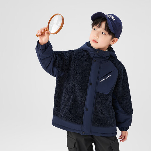 Zuoxi Boys' Lamb Wool Jacket 2025 New Hooded Padded Children's Autumn and Winter Clothes Boys' Cotton Clothes Navy Blue 130