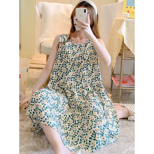ZHIDOUDOU无袖棉绸睡裙女春夏季网红大码睡衣家居服日系仙女裙学生绵绸裙薄 1697碎花黄 2XL