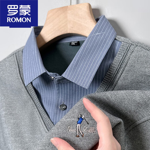 罗蒙（ROMON）保暖衬衫领男士加绒加厚毛衣2023新款中青年假两件针织衫秋冬款 687灰色加 绒 2XL
