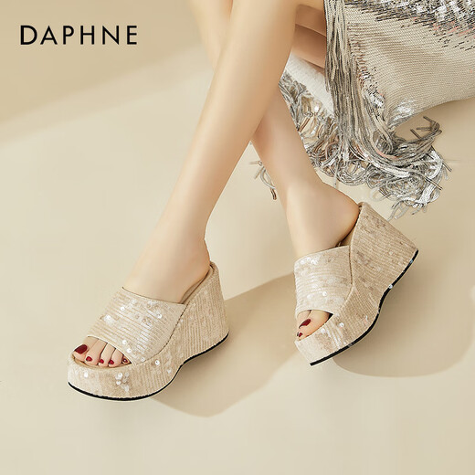 
Daphne thick-soled sequin high-heeled heeled sandals for women in summer small heightened fashion flip-flops for women apricot color 36