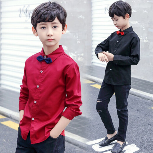 Children's clothing children's pure cotton long-sleeved white shirt black shirt boys long-sleeved dress autumn and winter plus velvet medium and large children's boys casual red shirt slim bow tie shirt red 140