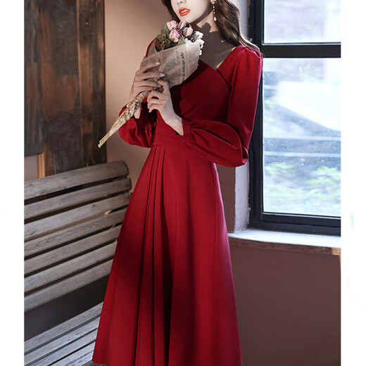Feshelan Bridal Toast Dress Large Size Fat mm Summer Belly Covering French Red Engagement Dress for Pregnant Women High-end Dress Burgundy (No Bronzing) 2XL _Recommendation 140-160Jin Jin equals 0.5 kg