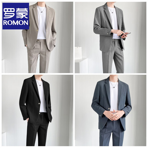 ROMON Korean style casual suit men's youth business autumn and winter handsome groom wedding small suit jacket single suit men black three-piece suit suit + pants + T-shirt XL