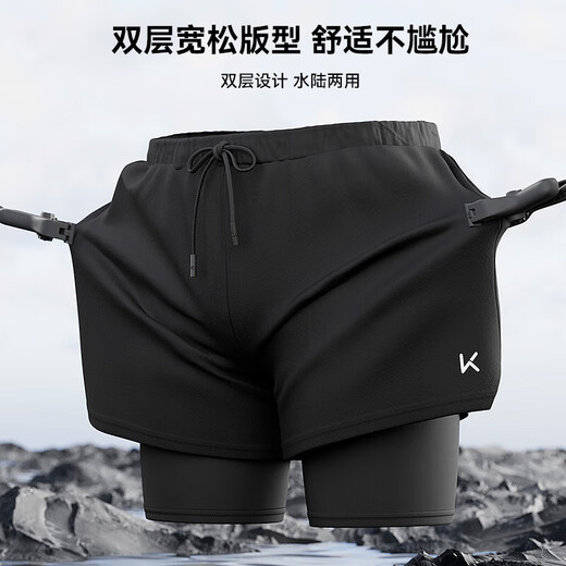Keep swimming trunks for men's awkward double-layer loose swimming trunks quick-drying beach hot spring equipment 192 black XXL