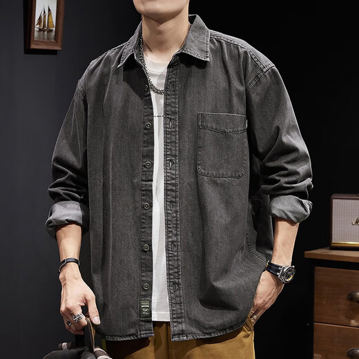 Lomon denim shirt men's autumn outdoor heavy work jacket spring and autumn American blue wear-resistant solid color top men Z723 black L