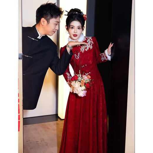 Seidler New Chinese Toast Wear Bride 2025 New Engagement Back Door Dress Long Sleeve Women Wedding Winter Thickened Velvet Burgundy M (Recommended 96-105 Jin Jin equals 0.5 kg)