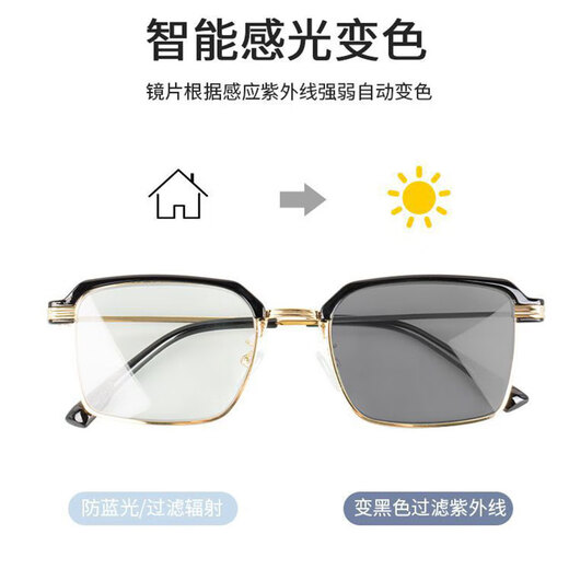 Parmio HD anti-blue light reading glasses Smart photosensitive color change glasses Fashion trendy and comfortable male and female elderly glasses XR1267A black and gold frame color change 150 degrees