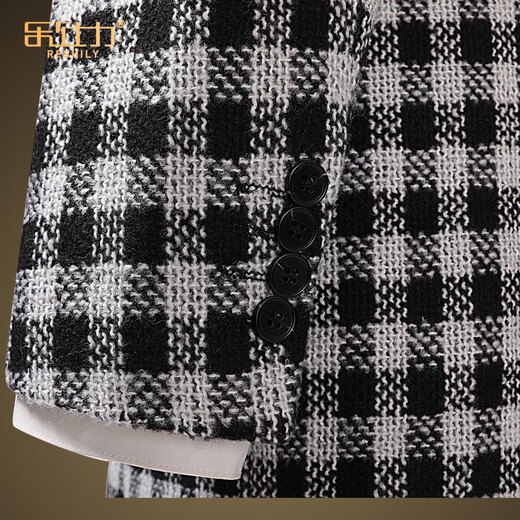 
RESHILY wool suit men's jacket trendy double-breasted black and white plaid suit fashionable casual and long single western thick style, rough black and white plaid single suit 180/XL/52 (weight 135-150Jin [Jin equals 0.5 kg])
