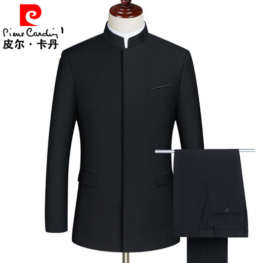 Pierre Cardin autumn Chinese tunic suit men's Chinese stand-up collar suit formal father's wedding dress professional wear knitted 988 black hidden button Xiangyun 190B