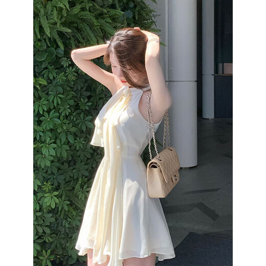 忆静萱（YIJINGXUAN）法式名媛不规则收腰无袖雪纺连衣裙女夏季2025新款性感挂脖短夜店 杏色连衣裙 XL 【115一125斤】