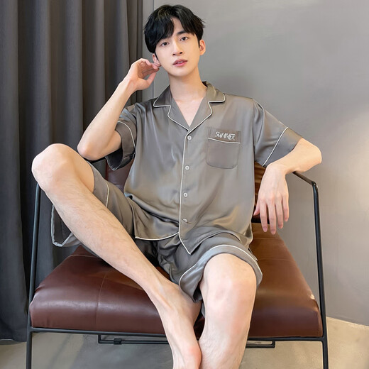 Antarctic pajamas men pajamas men summer ice silk shorts shorts loose can be worn outside home clothing suit gray XL