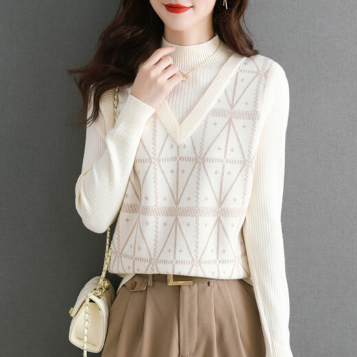 Red Dragonfly Sweater Women's 2025 Autumn New Women's Clothing Fake Two-Piece Sweater Women's Inner Long-Sleeved Bottoming Shirt Women's Top Beige Long Sleeve One Size