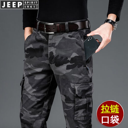 JEEP SPIRIT工装裤男宽松直筒休闲裤男子多口袋迷彩长裤纯l棉夏季薄款 军绿色厚l款9926 M