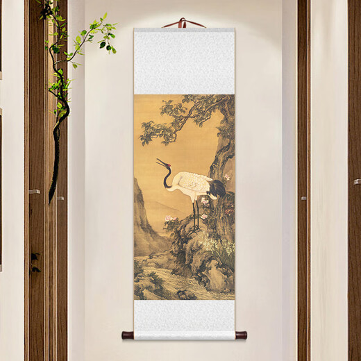 爱麒松梅双鹤卷轴挂画花鸟仙鹤名家国画新中式客厅书房茶室玄关壁画 ZFL1283款：松鹤延年 整体尺寸：41*132cm 乳白色锦绫+新款