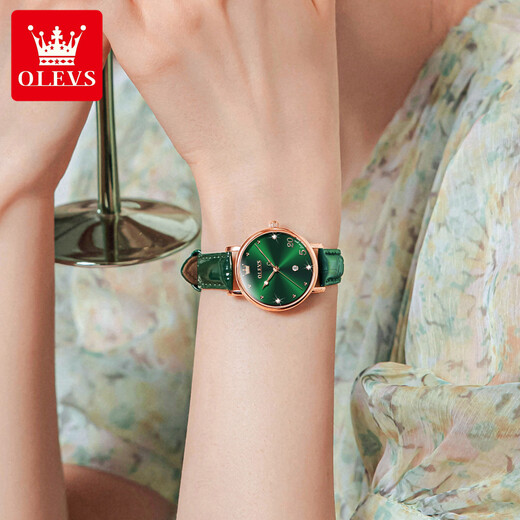 Olius Swiss certified watch women's fashion watch waterproof belt women's watch retro small green watch female student watch 5505-green leather rose green watch women's watch