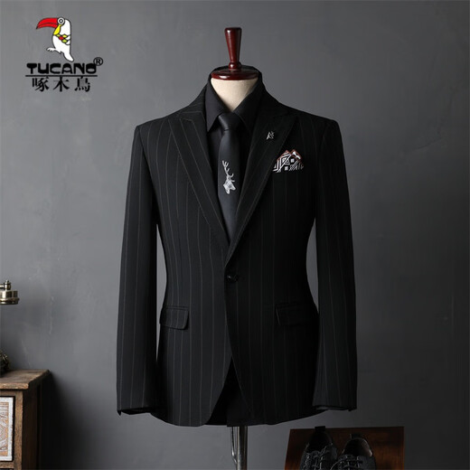 Woodpecker (TUCANO) Striped Suit Men's Full Groom's Suit British Style Groomsmen's Clothes Business Formal Wedding Suit Men's Black (Suit+Vest+Trousers) XL 52 (125-135Jin Jin equals 0.5kg)