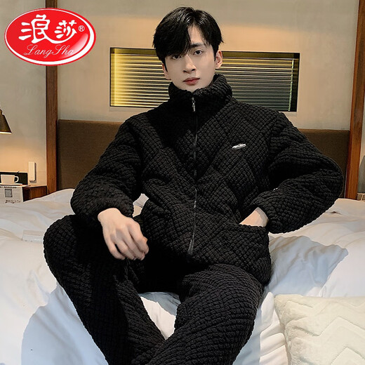 浪莎（LangSha）男士睡衣冬季加绒加厚珊瑚绒三层夹棉袄高领拉链法兰绒家居服套装 1278男款灰色【高领拉链夹棉+夹 L 3层 x 男款【身高162-172，体重
