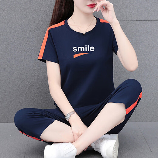 NY-EMMA运动套装女短袖夏季棉质休闲时尚中年洋气减龄广场舞跑步服两件套 689卡其（七分裤套装） XL(建议110-125斤)