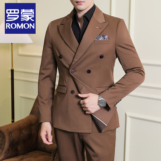 ROMON white double-breasted small suit men's suit Korean version slim casual high-end suit jacket groom wedding dress white two-piece set XL