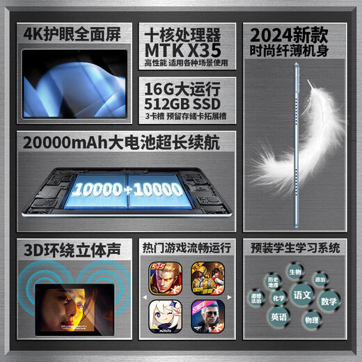 GUNCAKU's new Samsung screen 16+1024G ultra-thin tablet computer 4K ultra-clear full-fitting screen full Netcom 5Gwifi gaming office learning two-in-one tablet Pad brand new powerful ten-core A5/blue model 1TB version + free gift package + with Bluetooth keyboard + Bluetooth headset