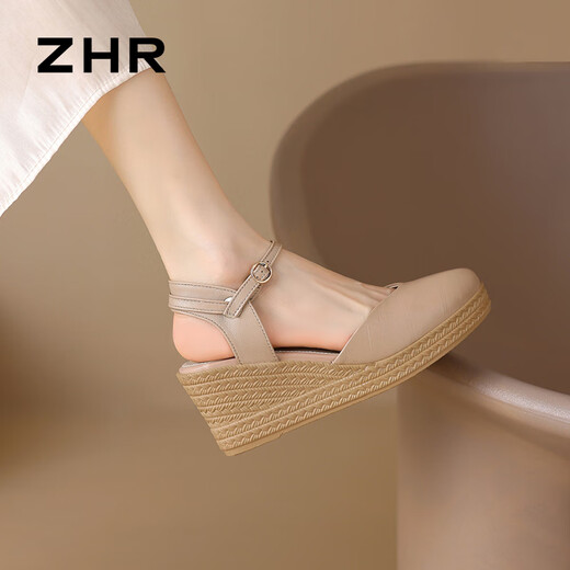 ZHR sandals for women, lightweight cowhide shoes for women, round toe heightening, heeling, women's series S223 nude color 37