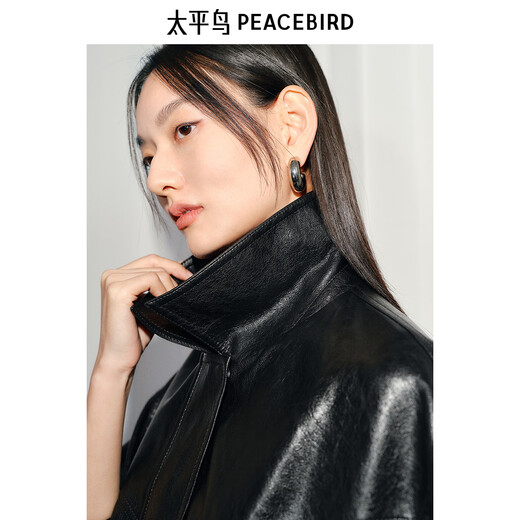 Peacebird black imitation hand rub oil wax leather PU leather jacket for women 2025 spring new fashionable loose jacket black S 155