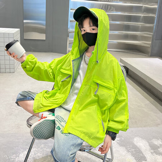 G.DUCKKIDS children's clothing, boys' sun protection clothing, anti-UV summer new children's skin clothing, thin ice silk, medium and large children's sun protection clothing 1555 fluorescent green aogqqso 160 size 13~14 years old 150-160cm
