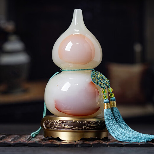 天然玉石葫芦铜玉摆件乔迁开业礼品中国风客厅摆设 13白玉葫芦15807配黄铜底座+流苏