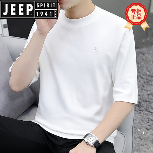 JEEP SPIRIT men's short-sleeved T-shirt, seven-quarter sleeve trendy brand INS round neck loose 2025 summer new half-sleeved top mid-sleeved T-shirt QD659 black XL [135-150Jin[Jin equals 0.5 kg]]