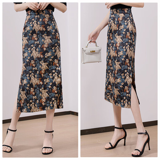 
Cypress House Slit Hip Skirt 2025 Summer New Women's Retro Printed High Waist Mid-length Skirt