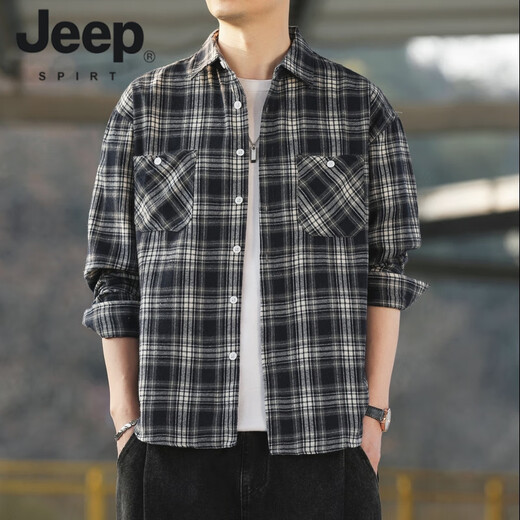 JEEP SPIRIT美式复古格子长袖衬衫男士春秋季2025新款宽松韩式工装衬衣外套潮 K12301黑色+K12108白色 M