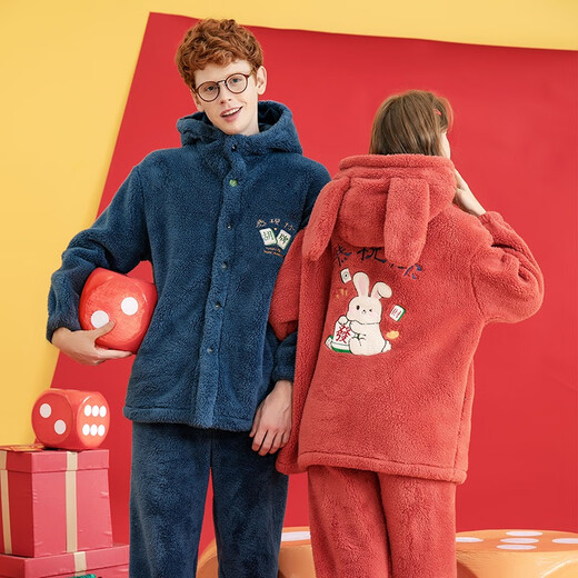 Fenton couple's pajamas autumn and winter hooded double-sided Nanfu foam warm and comfortable set home wear pajamas set Maple leaf red (women's style) 2XL