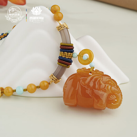 Potala Palace beeswax pendant auspicious elephant necklace safety buckle amber silver inlaid agate turquoise birthday gift for girlfriend and wife beeswax auspicious elephant 925 silver pendant (new style)