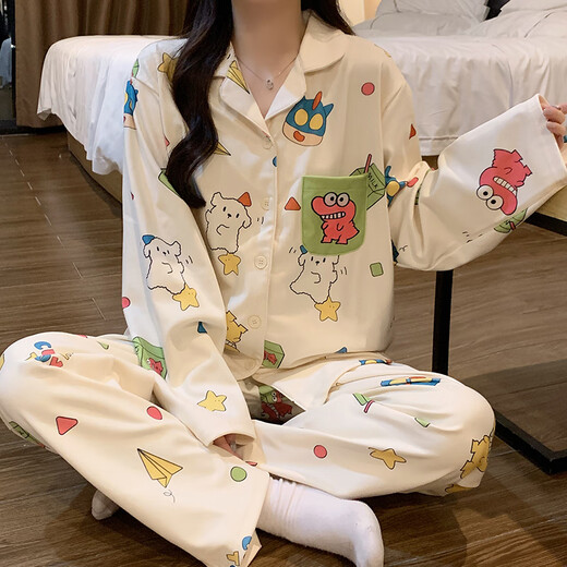 Yu Zhaolin pajamas for women spring and autumn long-sleeved cartoon style student ladies cute pocket soft lapel cardigan home wear set