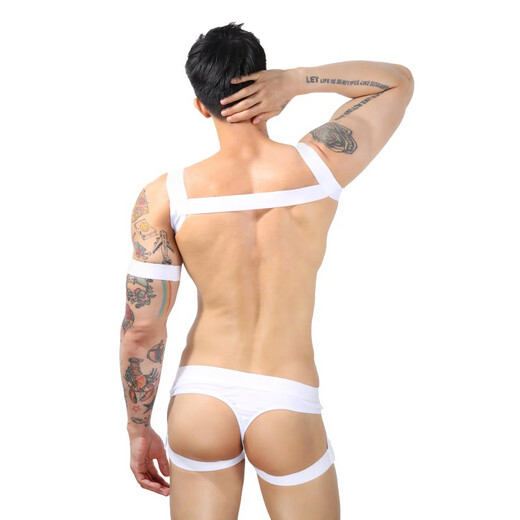 Men's sexy leggings thong strap underwear for men GAY large suspender vest chest strap muscular men's tights suit [confidential shipping] White M (66-73CM)