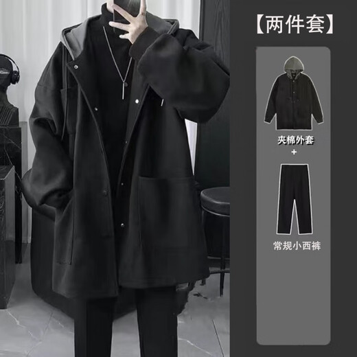 Gxmy windbreaker men's high-end autumn and winter clothes men's handsome matching light and mature mid-length jacket men's suit plus velvet black jacket + black sweater + small trousers XL recommended 125-140Jin Jin equals 0.5 kg