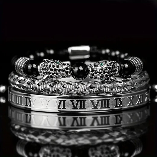 
Pangdonglai quality double-headed leopard bracelet copper micro-set zircon black agate bracelet woven men's stainless steel Roman bracelet stack ZJ12805
