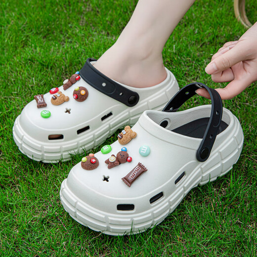LangSha slippers garden hole shoes men and women summer thick sole slimming feel soft at home non-slip 738 milk white 37-38