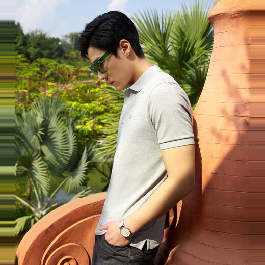 YOUNGOR short-sleeved POLO shirt men's lapel chest embroidered cotton elastic fabric POLO shirt new product gray 2XL