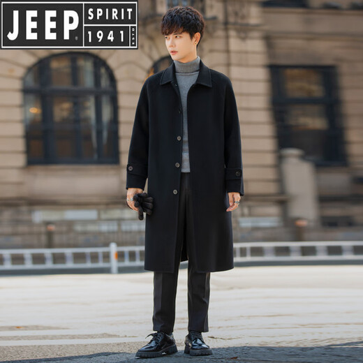 JEEP SPIRIT中长款毛呢大衣男双面羊毛感赫本风衣冬季加厚纯色羊毛呢子外套男 黑色 2XL 一般170-190斤以下