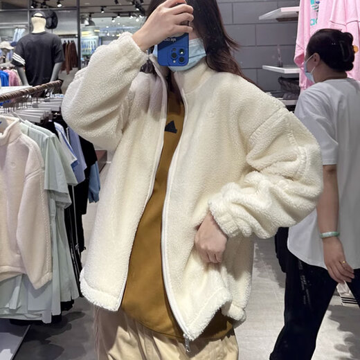 阿迪达斯（adidas）三叶草外套女装秋冬款抓绒保暖运动服休闲立领宽松夹克上衣 IM3899白色 S