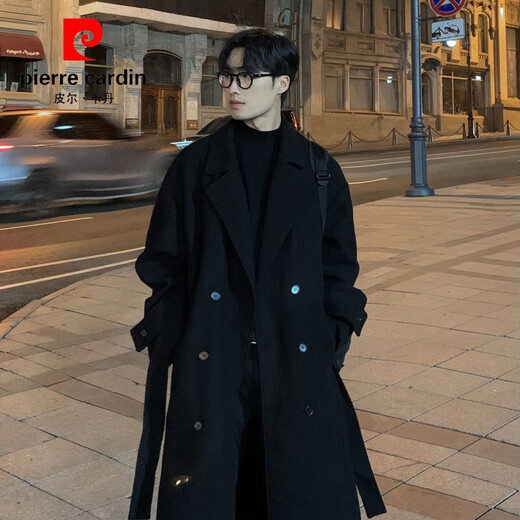 Pierre Cardin double-breasted extra-long coat for men over the knee, autumn and winter, slightly wide, British style, high-end, mid-length, high-heeled woolen windbreaker, trendy, dark gray M