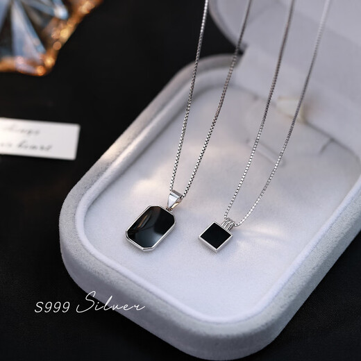 QUAMER999 sterling silver necklace women's black square brand clavicle chain 2024 new light luxury 99 pure silver black long brand pendant necklace
