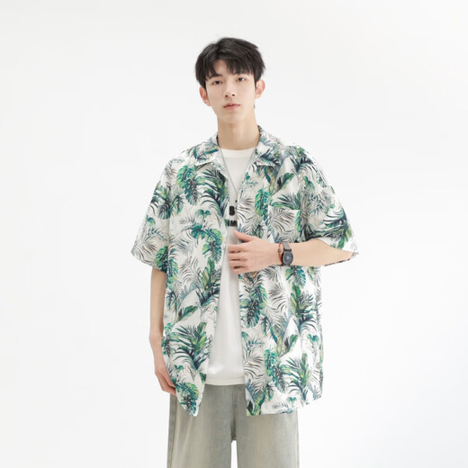 港莲娅夏威夷风短袖花衬衫男冰丝凉感夏季海边沙滩宽松休闲五分袖上衣服 h-6629马达加斯加黑 M  (建议110-130斤)